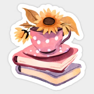 Cute Watercolor Books and Coffee Cup and Sunflowers Sticker